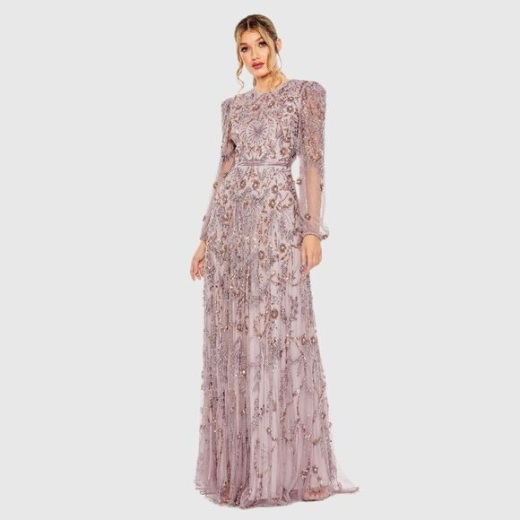 MAC DUGGAL $798 93930 Purple Puff Sleeve Embellished A Line Gown Dress - Picture 2 of 14